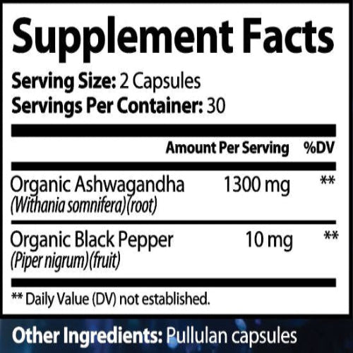 Supplement facts label with organic Ashwagandha and Black Pepper on a white background